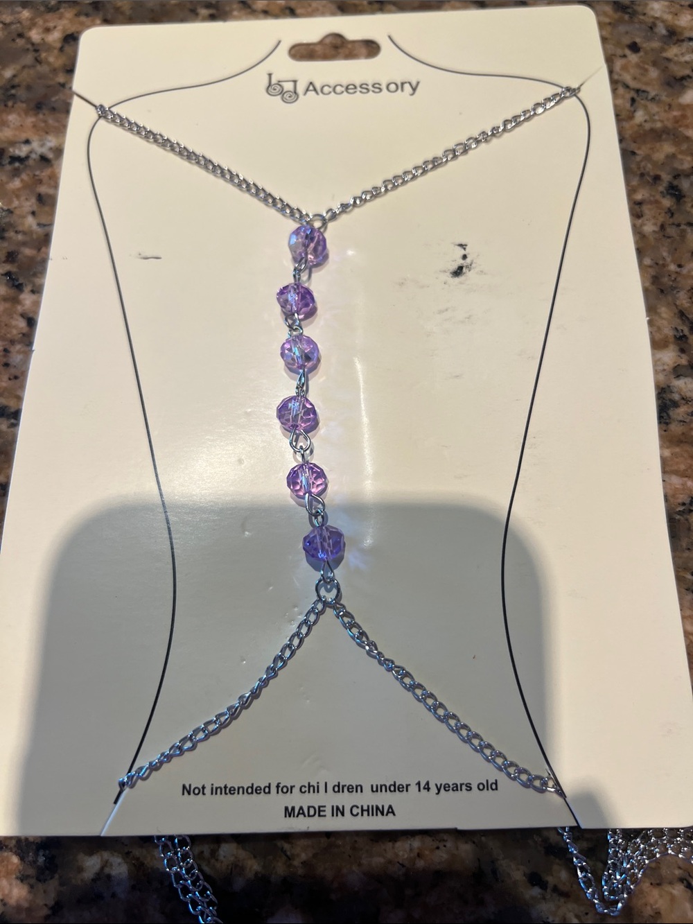NWT Body Necklace with Silver Chain and Purple Crystal Beads